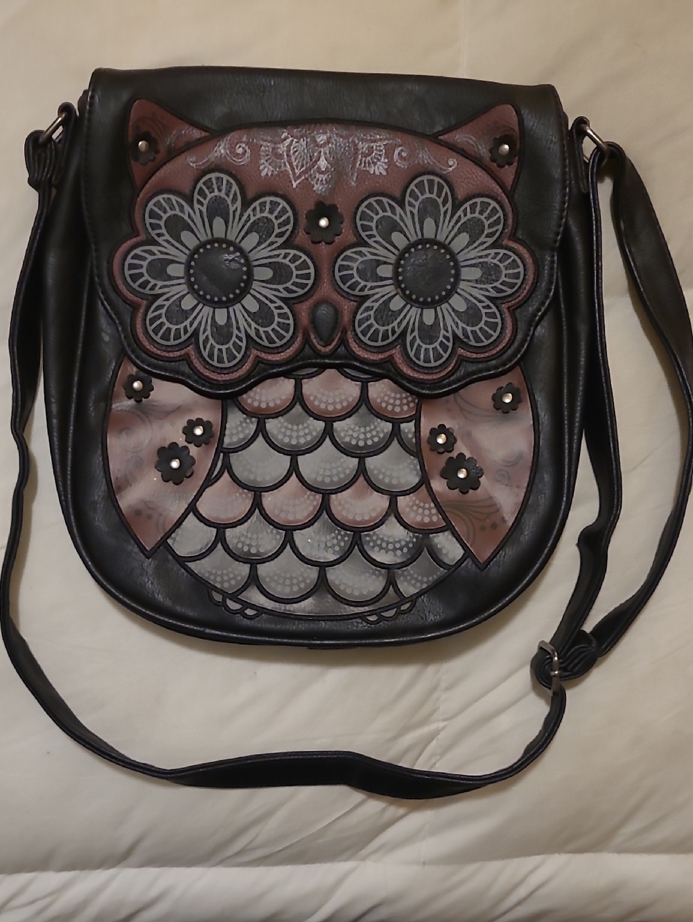 Loungefly Black Crossbody Bag with Pink and Gray Owl Applique